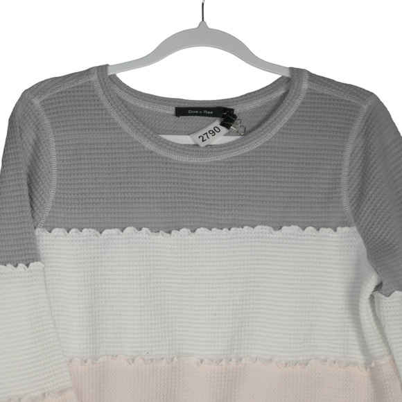 Doe & Rae Sweater Women Large Gray Pink Colorblock Waffle Knit Ruffle Cozy - Picture 3 of 8